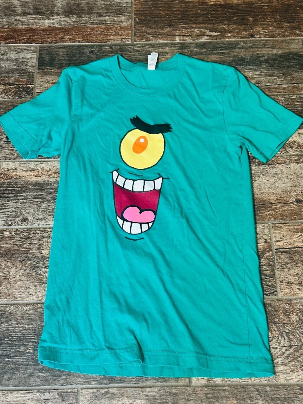 Plankton Graphic T-Shirt - Small - Green Face - 100% Cotton - S - Spongebob